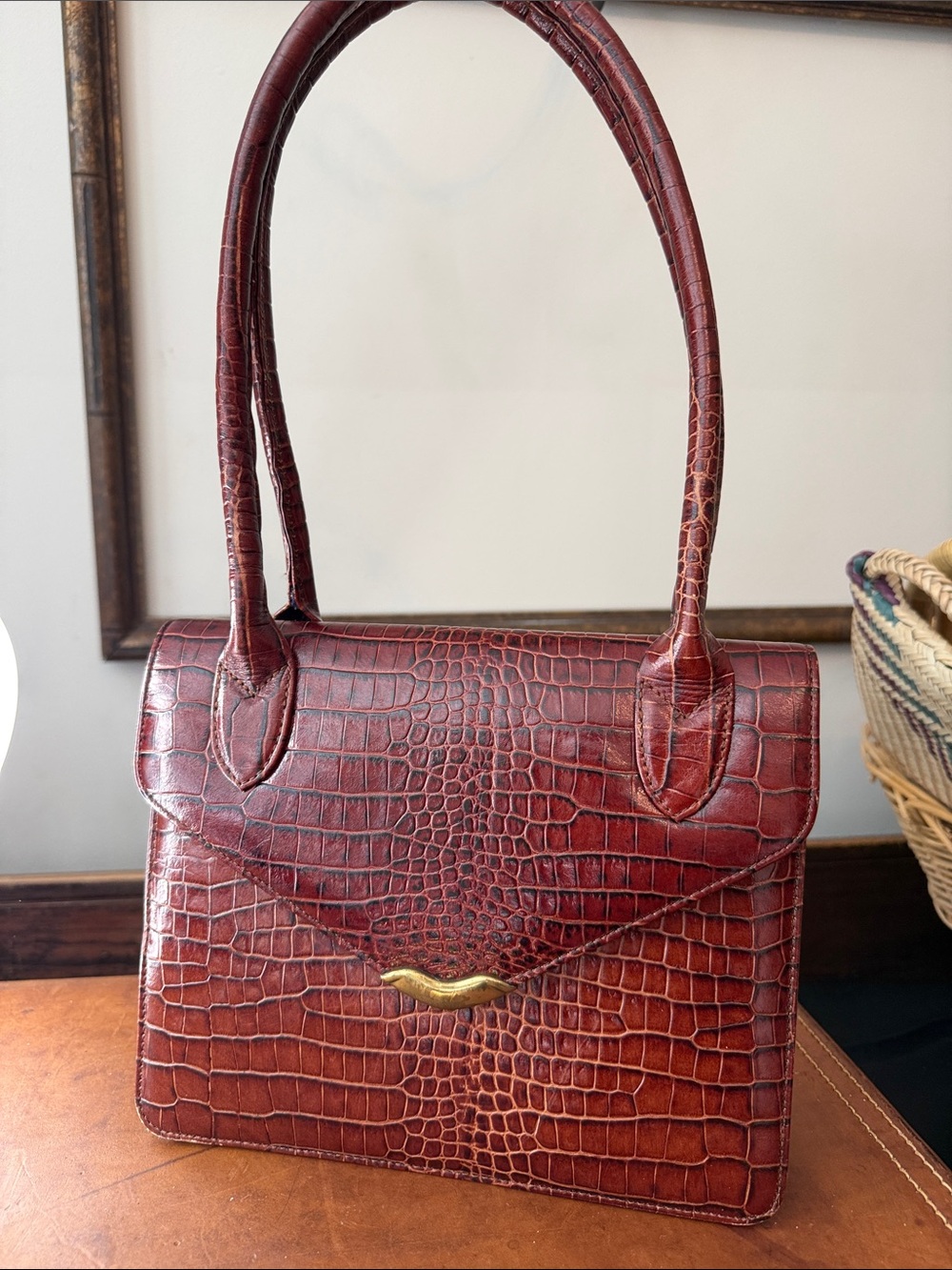 Classic Croc-Embossed Leather Top-Handle Bag in Deep Burgundy